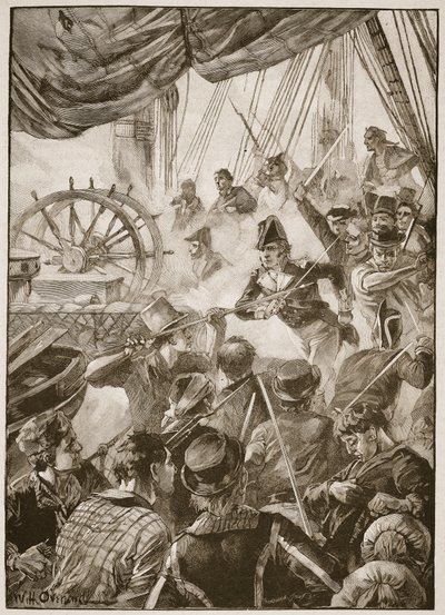 Około trzydziestu członków załogi wykonało mały pokaz oporu, ilustracja z „Bitwy XIX wieku” autorstwa Archibalda Forbesa, G.A. Henty i major Arthur Griffiths autorstwa William Heysham Overend
