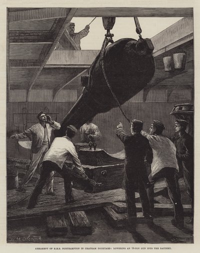 Uzbrojenie HMS Northampton w Chatham Dockyard, opuszczające 18-tonowe działo do baterii autorstwa William Heysham Overend