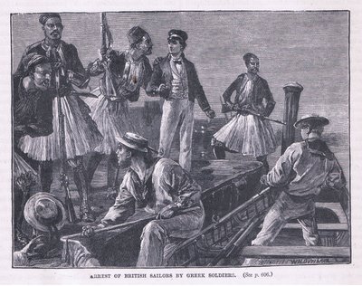 Aresztowanie brytyjskich marynarzy przez greckich żołnierzy AD 1850 autorstwa William Heysham Overend