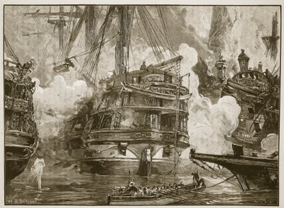 Bitwa pod Navarino: Asia" atakuje okręty Capitan Bey i Mohurrem Bey, ilustracja z "Cassell