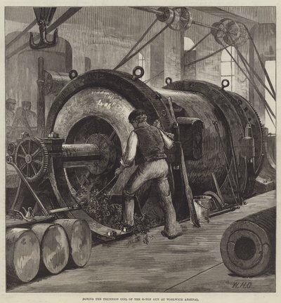 Wytaczanie cewki czopowej 81-tonowego pistoletu w Woolwich Arsenal autorstwa William Heysham Overend