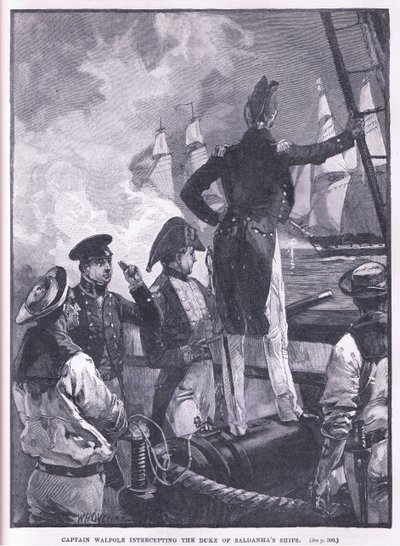 Kapitan Walpole przechwytuje okręty księcia Saldanha. autorstwa William Heysham Overend