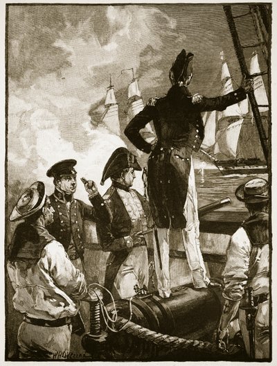 Kapitan Walpole przechwytujący okręty księcia Saldanha, ilustracja z "Cassell