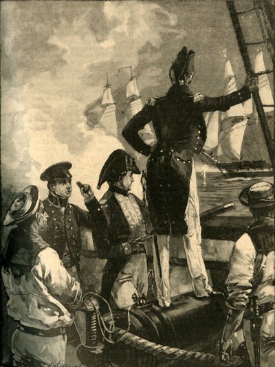 Kapitan William Walpole przechwytuje statki księcia Saldanhas, wojny liberalne, 1829–1890. autorstwa William Heysham Overend