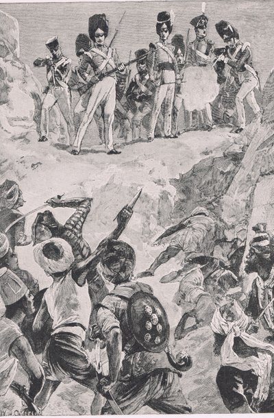 Zwolennicy Carmichaelsa wystrzelili salwę w gęstą grupę ludzi: Bitwa pod Bharatpur 1826, ilustracja z brytyjskich bitew lądowych i morskich, 1915 autorstwa William Heysham Overend