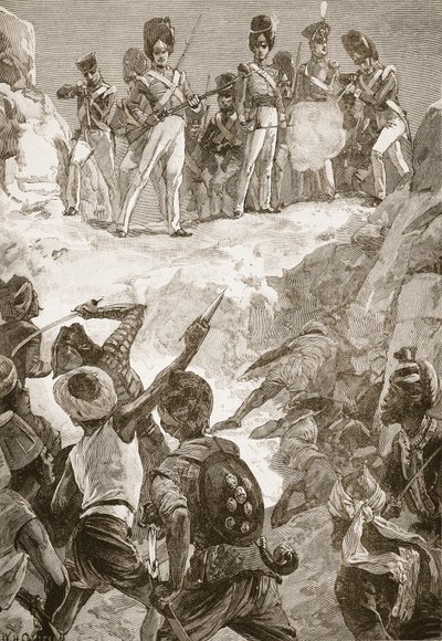 Zwolennicy Carmichaela strzelali do gęstej gromady mężczyzn przed nimi, ilustracja z „Bitwy XIX wieku” Archibalda Forbesa, G.A. Henty i major Arthur Griffiths autorstwa William Heysham Overend