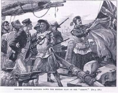 Chińscy oficerowie ciągnący brytyjską flagę „Strzałką” 1856 AD autorstwa William Heysham Overend