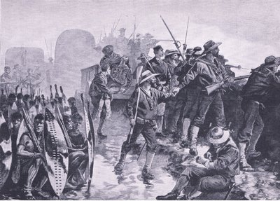 Obrona obozu przed atakiem Zulusów, ilustracja z brytyjskich bitew na lądzie i morzu, 1915 autorstwa William Heysham Overend