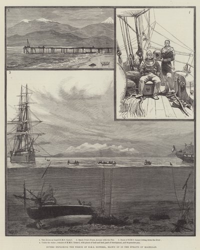 Nurkowie badający wrak HMS Doterel, wysadzony w Cieśninie Magellana autorstwa William Heysham Overend