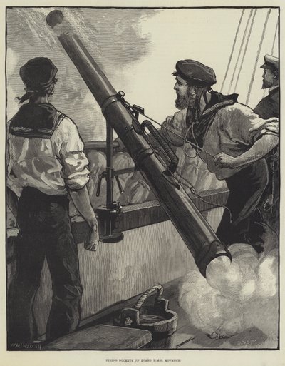 Wystrzeliwanie rakiet na pokładzie HMS Monarch autorstwa William Heysham Overend