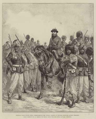 Generał Ghous-ud-din Khan, dowódca wojsk afgańskich w Penjdeh, ze swoimi afgańskimi żołnierzami autorstwa William Heysham Overend