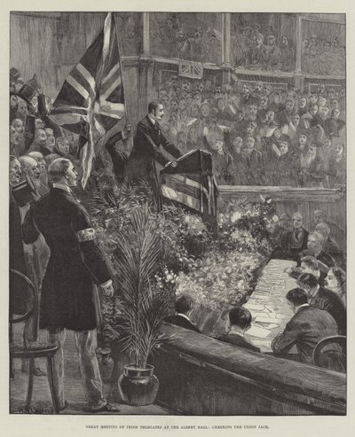 Wielkie Spotkanie Delegatów Irlandzkich w Albert Hall, dopingujące Union Jack autorstwa William Heysham Overend