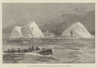 HMS Tyne i łodzie torpedowe wśród gór lodowych na Północnym Atlantyku autorstwa William Heysham Overend