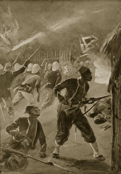 To był nocny atak i wróg przyłapał ich na drzemkach, ilustracja z „Bitwy XIX wieku” Archibalda Forbesa, GA. Henty i major Arthur Griffiths autorstwa William Heysham Overend