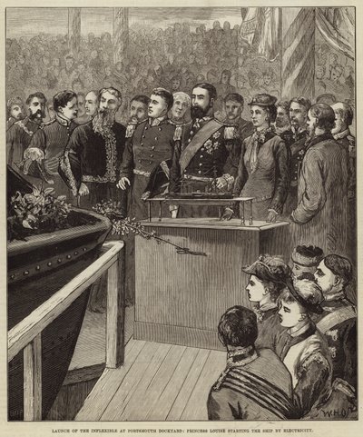 Wystrzelenie Inflexible w Portsmouth Dockyard, księżniczka Louise uruchamiająca statek elektrycznie autorstwa William Heysham Overend
