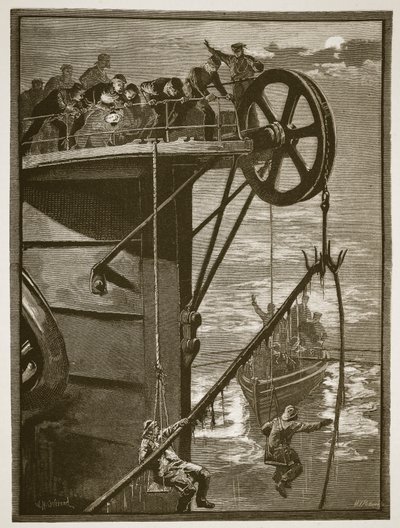 Nowoczesna nauka: Podnoszenie kabla telegraficznego na morzu, wyryte przez W.J. Palmera autorstwa William Heysham Overend