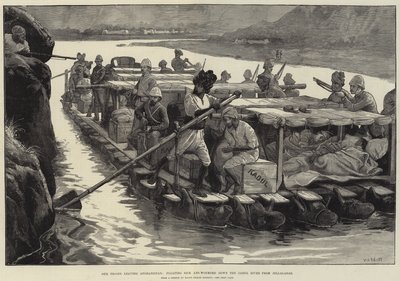 Nasi żołnierze opuszczający Afganistan, spławiający chorych i rannych w dół rzeki Cabul z Jellalabadu autorstwa William Heysham Overend