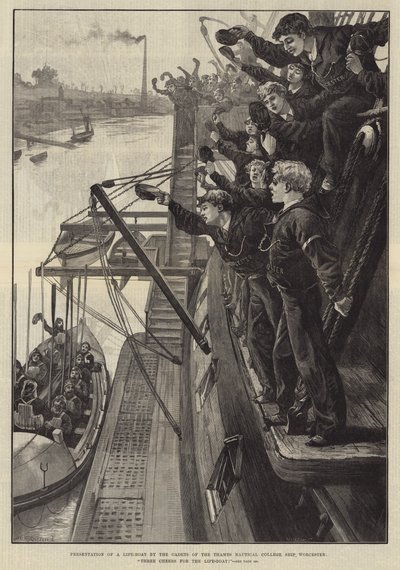 Prezentacja łodzi ratunkowej przez kadetów z okrętu Thames Nautical College, Worcester, Trzy wiwaty dla łodzi ratunkowej! autorstwa William Heysham Overend