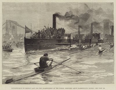 Wyścig czaszowy w poniedziałek ostatni o mistrzostwo świata, naszkicowany nad Hammersmith Bridge autorstwa William Heysham Overend