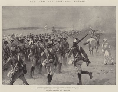 Natarcie na Dongolę, 9. Pułk Sudanu maszerujący na Shellal, by wyruszyć na front autorstwa William Heysham Overend