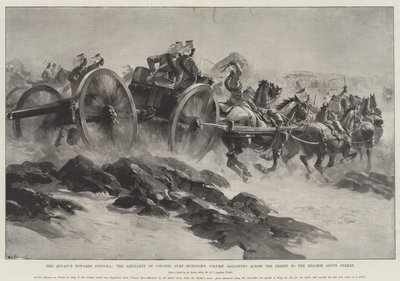 Natarcie w kierunku Dongoli, artylerii kolumny pułkownika Burn-Murdocha galopującej przez pustynię na wzgórza nad Ferket autorstwa William Heysham Overend