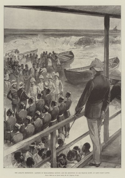 Ekspedycja Ashanti, lądowanie kontradmirała Rawsona i jego przyjęcie przez Sir Francisa Scotta w Cape Coast Castle autorstwa William Heysham Overend