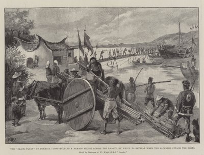 Czarne Flagi na Formozie, budują bambusowy most przez lagunę, którym można się wycofać, gdy Japończycy zaatakują forty. autorstwa William Heysham Overend