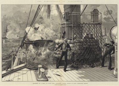 Bombardowanie Aleksandrii, eksplozja pocisku na pokładzie HMS Alexandria, wąska ucieczka dowódcy sztabu Hosken autorstwa William Heysham Overend