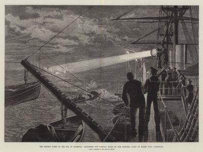 Brytyjska flota na Morzu Marmora w poszukiwaniu łodzi torpedowych przy elektrycznym świetle na pokładzie HMS Agincourt autorstwa William Heysham Overend