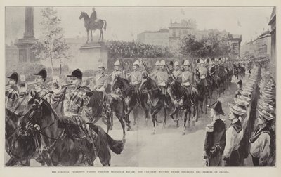 Procesja kolonialna przechodząca przez Trafalgar Square, kanadyjskie oddziały konne poprzedzające premiera Kanady autorstwa William Heysham Overend