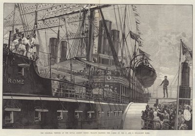 Kolonialni goście w Royal Albert Docks, Malajowie obsługujący stocznie parowca P i O Rome autorstwa William Heysham Overend