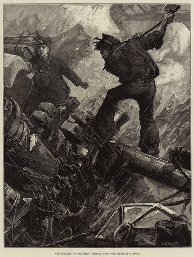 Niebezpieczeństwa Głębin, odcinanie masztów podczas burzy autorstwa William Heysham Overend