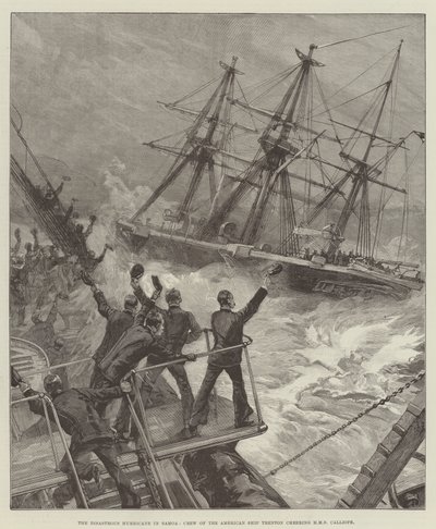 Katastrofalny huragan na Samoa, załoga amerykańskiego statku Trenton dopingująca HMS Calliope autorstwa William Heysham Overend