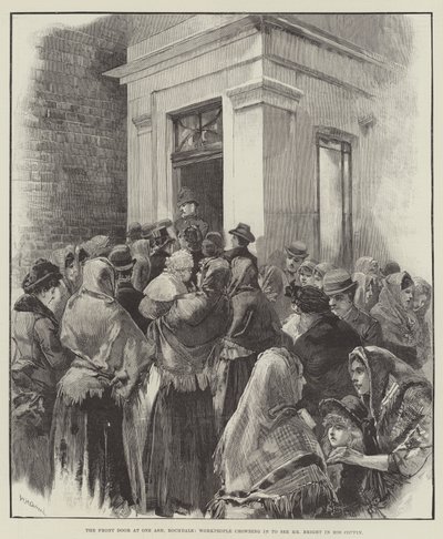 Drzwi wejściowe w One Ash, Rochdale, pracownicy tłoczący się, by zobaczyć pana Brighta w jego trumnie autorstwa William Heysham Overend