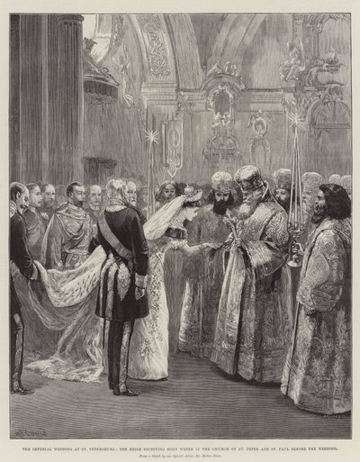 Ślub cesarski w Petersburgu, panna młoda przed ślubem otrzymuje wodę święconą w kościele św. autorstwa William Heysham Overend