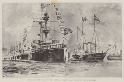 Przegląd Marynarki Wojennej, Królewski Jacht Victoria and Albert przechodzący przez Linie Floty autorstwa William Heysham Overend