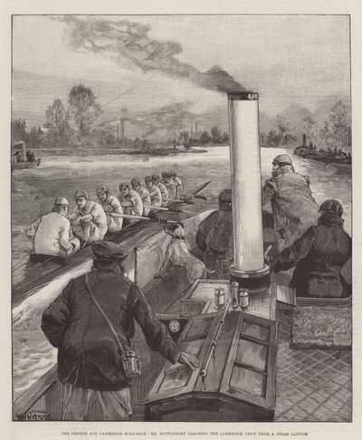 Oxford i Cambridge Boat-Race, pan Muttlebury szkoli załogę Cambridge przed startem Steam autorstwa William Heysham Overend