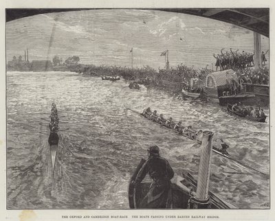 Wyścig łodzi Oxford i Cambridge, łodzie przepływające pod mostem kolejowym Barnes. autorstwa William Heysham Overend