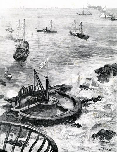 Książę Walii i książę Edynburga kładą kamień węgielny pod nową latarnię morską Eddystone, ilustracja z „The Illustrated London News”, 1879 autorstwa William Heysham Overend