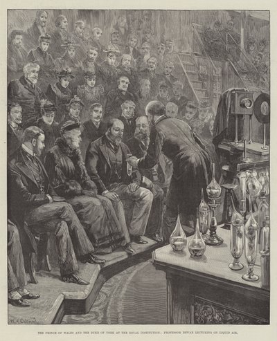 Książę Walii i książę Yorku w Royal Institution, profesor Dewar wykłada na temat Liquid Air autorstwa William Heysham Overend