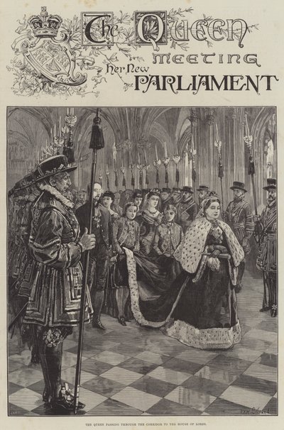 Królowa spotyka się z nowym parlamentem, przechodząc przez korytarz do Izby Lordów autorstwa William Heysham Overend