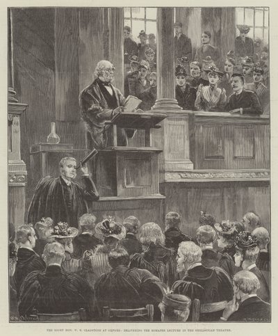 Szanowny W. E. Gladstone w Oksfordzie, wygłaszając wykład Romana w Sheldonian Theatre autorstwa William Heysham Overend