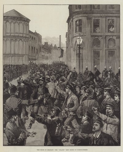 Zamieszki w Belfaście, Ludzie z Wyspy idący North-Street autorstwa William Heysham Overend
