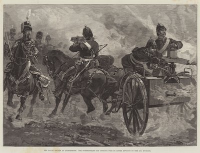 Królewski przegląd w Aldershott, działo Nordenfeldt otwiera ogień, by osłaniać natarcie 10. huzarów. autorstwa William Heysham Overend