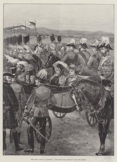Królewska wizyta w Aldershot, Scots Greys kłusujący obok królowej autorstwa William Heysham Overend