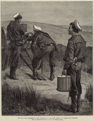 Wojna zuluska, garnizon Fortu Pearson, nad dolną Tugelą, ćwiczenia z bronią Gatlinga autorstwa William Heysham Overend