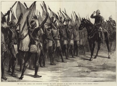 Wojna Zulusów, generał lord Chelmsford przegląda tubylczy kontyngent na brzegach Tugela, tubylcy krzyczą H-H-Ooo! autorstwa William Heysham Overend