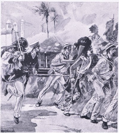 Brygada morska z HMS Shannon w Lucknow, listopad 1857, ilustracja z brytyjskich bitew lądowych i morskich, 1915 autorstwa William Heysham Overend