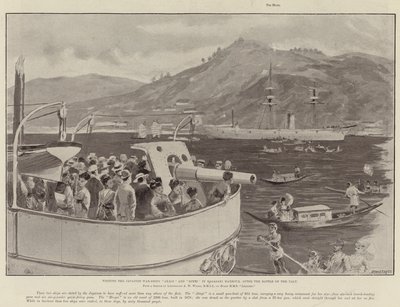 Zwiedzanie japońskich okrętów wojennych Akagi i Hiyei w porcie Nagasaki po bitwie pod Yalu autorstwa William Heysham Overend