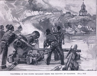 Ochotnicy latającej eskadry strzelający do żeglugi w Taganrogu 1855 rne autorstwa William Heysham Overend